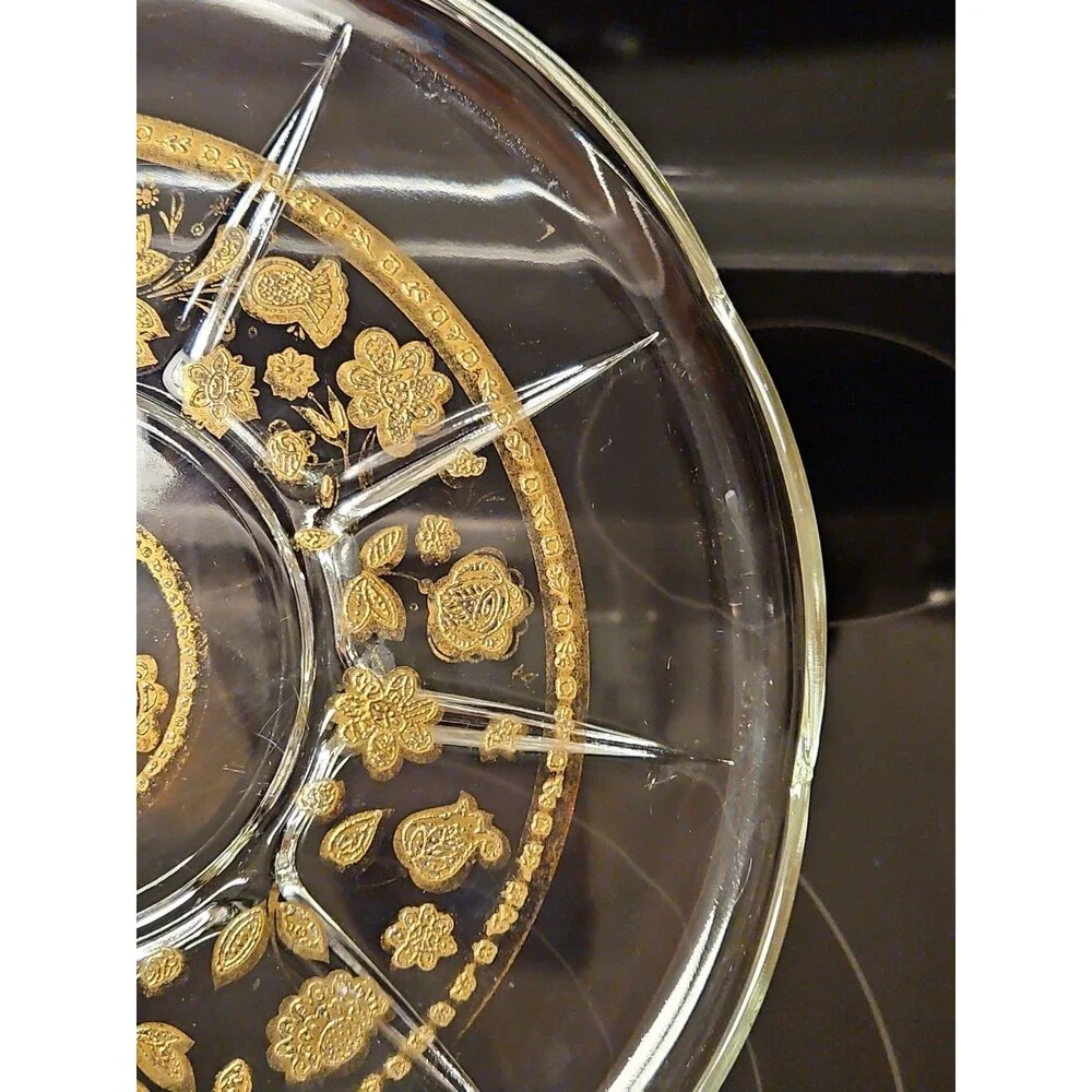 Vintage 1950'S Culver Glass 22K Gold Embossed Serving Plate, 11” Floral Design